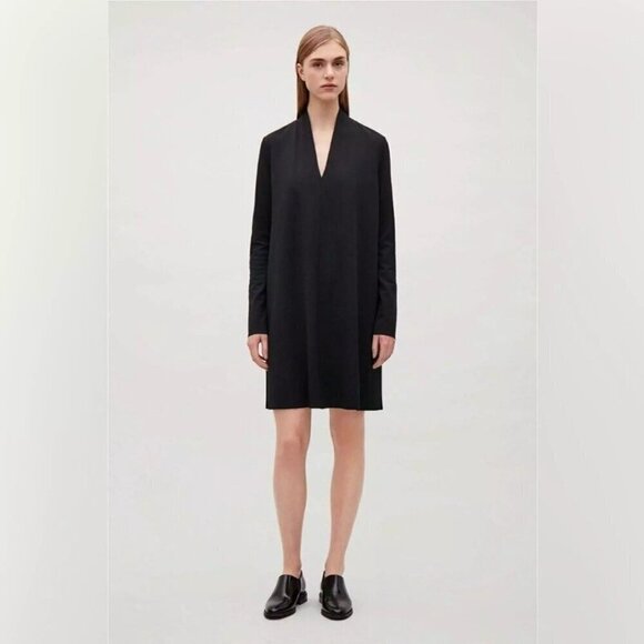 COS Stretch Knit A-Line Black V-Neck Long Sleeve Dress L Office Date Night - Picture 1 of 8